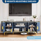 Meuble TV cannelé COZONY de 178 cm pour téléviseurs jusqu'à 80 pouces, console multimédia avec plateau en faux marbre et portes coulissantes