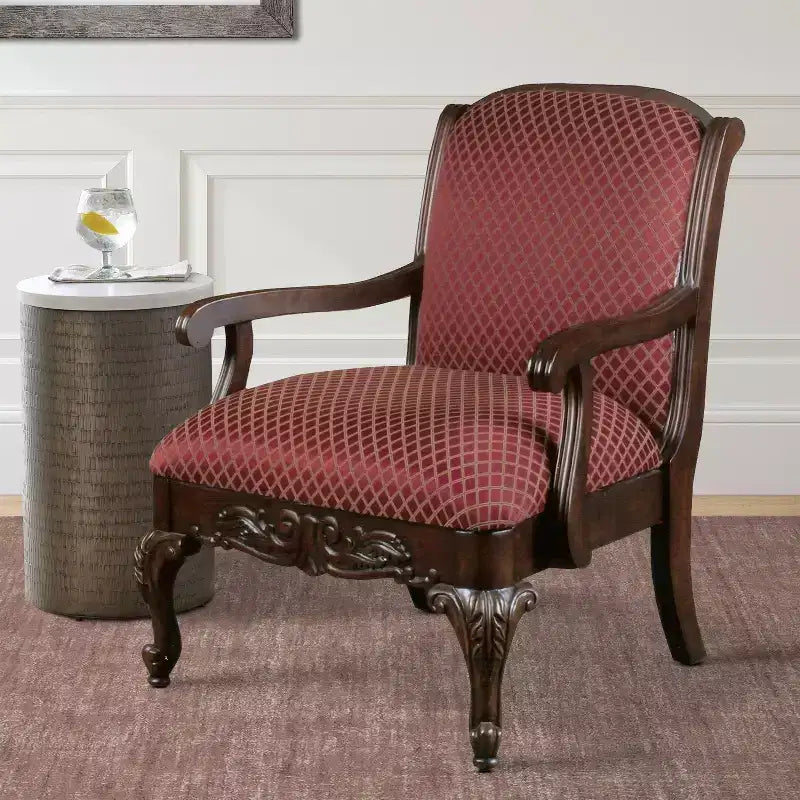 Fauteuil Safari Comfort Pointe Magenta : Bois massif, Sculptures ornementales faites main, Rembourrage jacquard moelleux