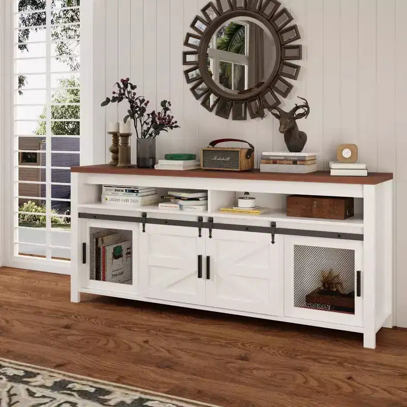 Meuble TV de ferme GustoWave, console TV robuste avec étagère réglable et porte coulissante style grange pour salon, chambre, blanc/noyer