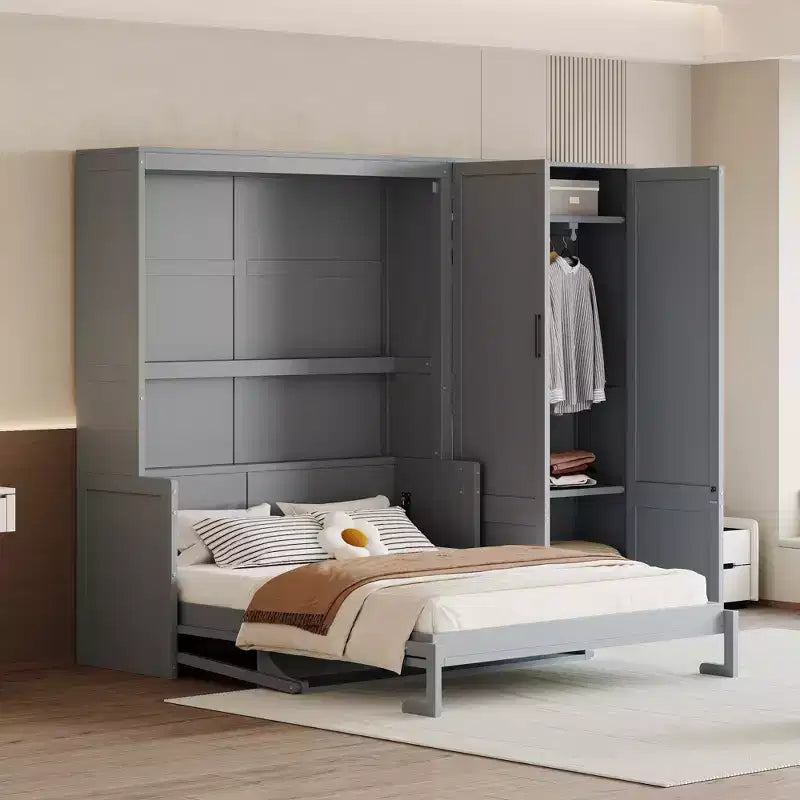 Lit escamotable Queen Size Whisen Modern Design, se pliant dans une armoire avec penderie