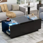 Table basse LED moderne CLIHOME avec plateau en verre, table basse avec compartiment de rangement ouvert et 2 tiroirs cachés