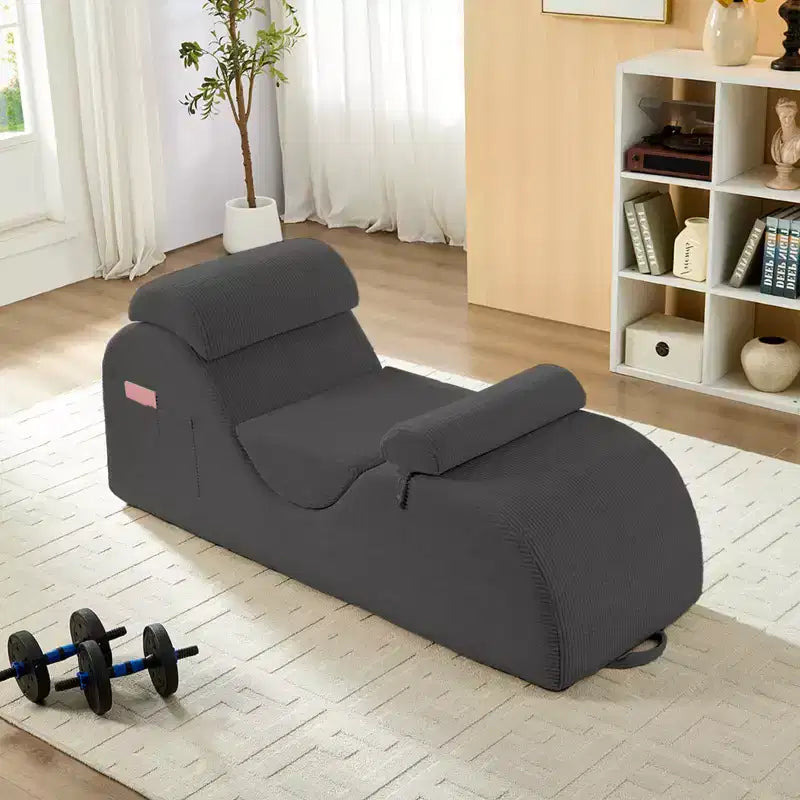 Mjkone Chaise Longue de Yoga en Velours Côtelé, Canapé de Yoga Incurvé avec Appui-Tête/Coussin Lombaire/Repose-Pieds Amovibles, Base Antidérapante
