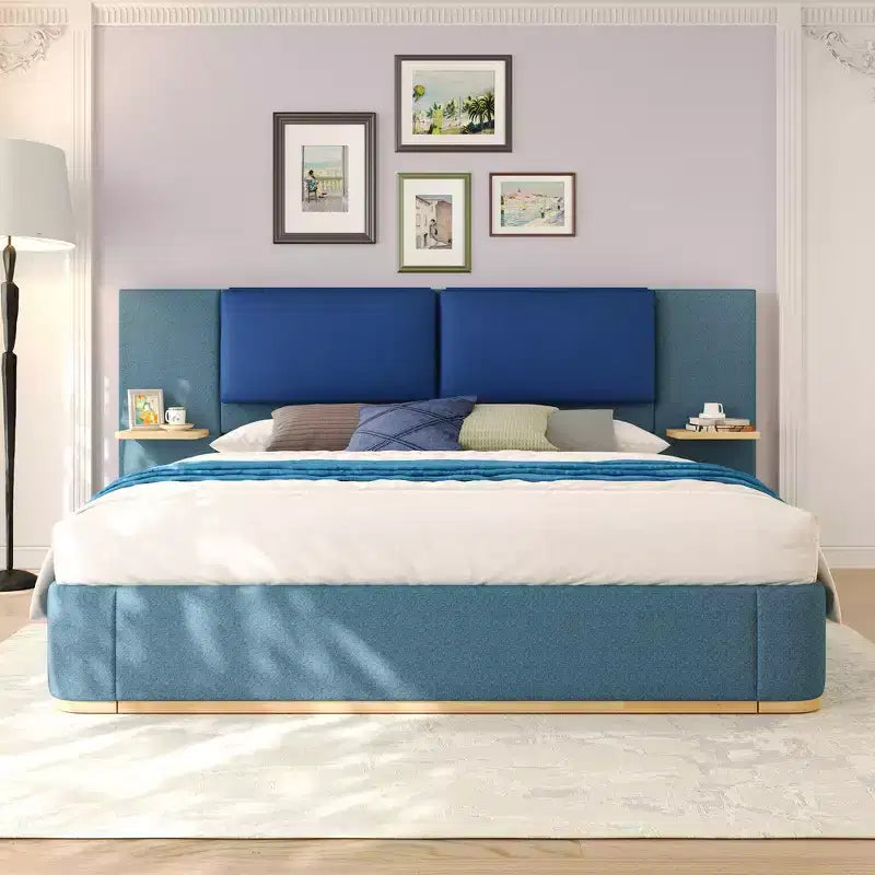 Cadre de lit plateforme capitonné Whisen King Size avec étagères de rangement latérales, tête de lit et panneau en PU doux, anti-collision, assemblage facile