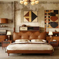 Cadre de lit Queen/King en cuir PU avec tête de lit capitonnée ondulée, de style moderne du milieu du siècle et vintage, Café - ModernLuxe