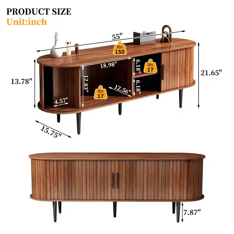JVNOXK 55 Table de Console TV Moderne avec Compartiment de Rangement et Porte Coulissante - Meuble TV-Hifi Noyer pour Salon, Chambre, Bureau