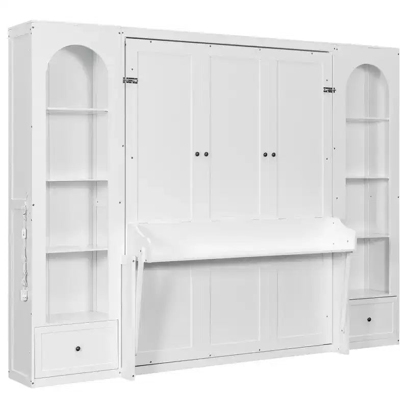 Lit escamotable Queen Size avec armoires latérales et éclairage LED, lit armoire pliant avec étagères de rangement et tiroirs pour chambre d'amis, blanc
