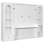 Lit escamotable Queen Size avec armoires latérales et éclairage LED, lit armoire pliant avec étagères de rangement et tiroirs pour chambre d'amis, blanc