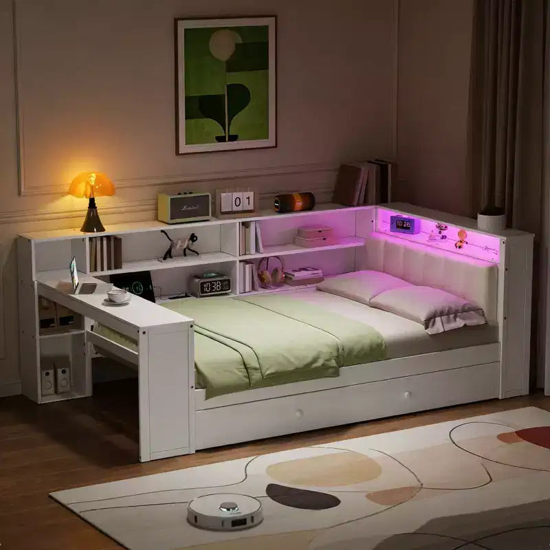 Lit plateforme double en bois Luxystar avec tête de lit capitonnée, 8 étagères de rangement, lit gigogne et bureau