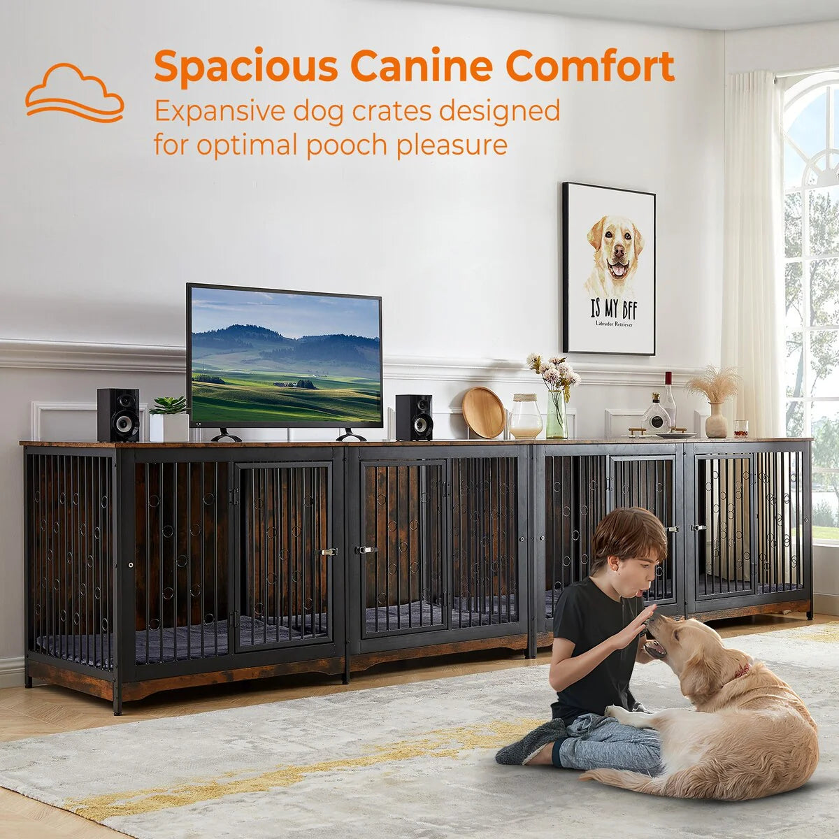 Meuble Cage pour Chien 70.86'' Grande Race Meuble TV avec Coussin & Deux Chambres (Sans Coussin)
