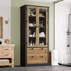 Armoire de cuisine haute de 71 po – Buffet de rangement moderne avec 2 grands tiroirs, portes en verre et étagères réglables, vaisselier de cuisine de style campagnard