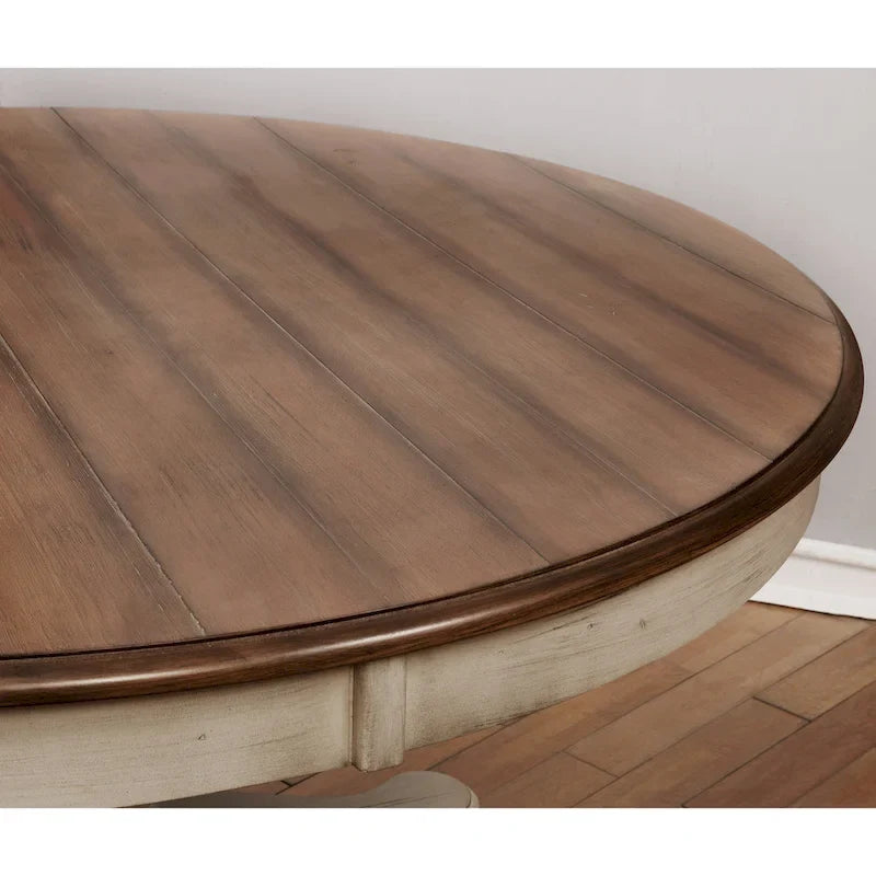 Ensemble de salle à manger Roundhill Furniture Arch en chêne vieilli : table ronde, quatre chaises