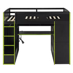 Lit mezzanine double Merax avec bureau, armoire, lumières LED RVB et port de chargement USB - Cadre noir élégant avec de multiples espaces de rangement pour les amateurs de jeux