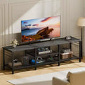 Qwatto Meuble TV chêne noir 160 cm pour TV jusqu'à 70 pouces, meuble console de divertissement avec étagère pour barre de son, étagères de rangement ouvertes, décoration de salon