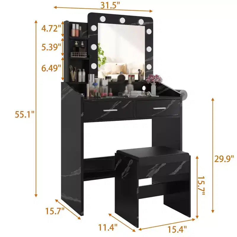 Coiffeuse de Maquillage avec Lumières, Bureau de Maquillage avec Miroir et Lumières, Grand Tiroir et Armoire de Rangement à Deux Étages, 3 Modes d'Éclairage