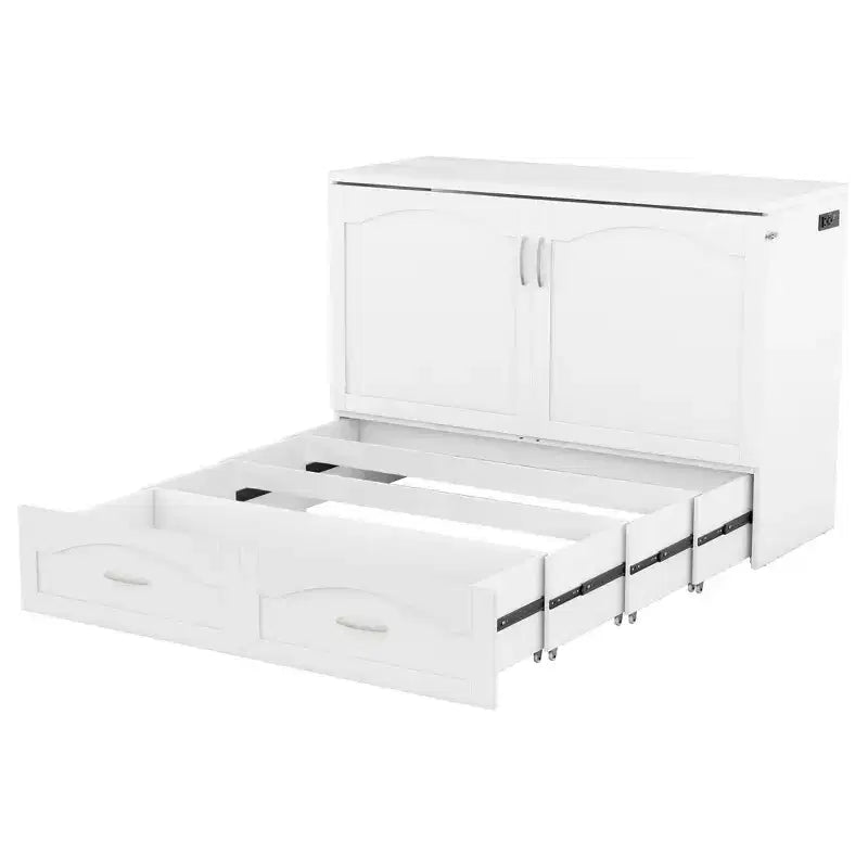 Lit escamotable Whisen avec structure de poulie, se plie dans une armoire avec tiroir et ports USB