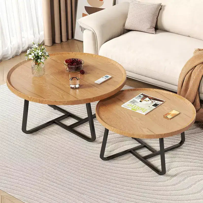Lot de 2 tables basses, petites tables basses rondes durables de style Mid-Century pour le salon, ensemble de tables basses gigognes modernes faciles à monter, tables d'appoint circulaires
