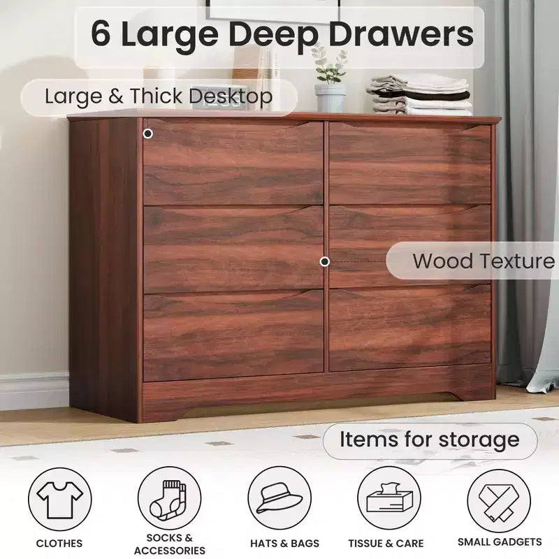 Commode haute et moderne à 6 tiroirs en bois avec plateau large - Chiffonnier à grande capacité pour Chambre, Salon, Couloir et Rangement de Chambre d'Enfant