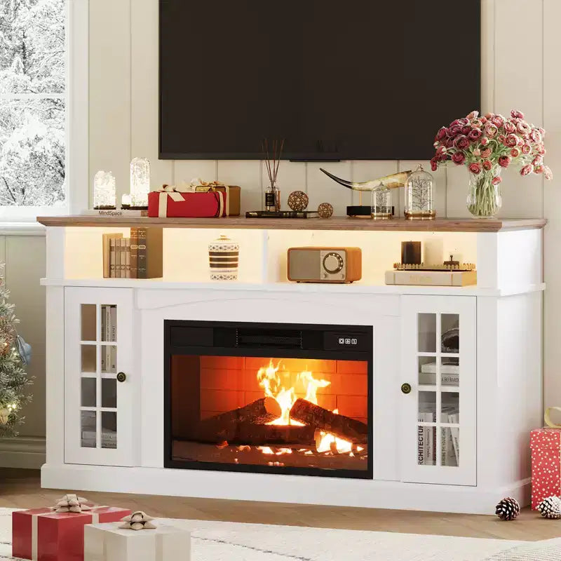 Meuble TV compatible 70 pouces, Console multimédia 58 pouces, Meuble TV moderne effet bois avec lumières LED, Rangement avec portes en verre et étagères réglables