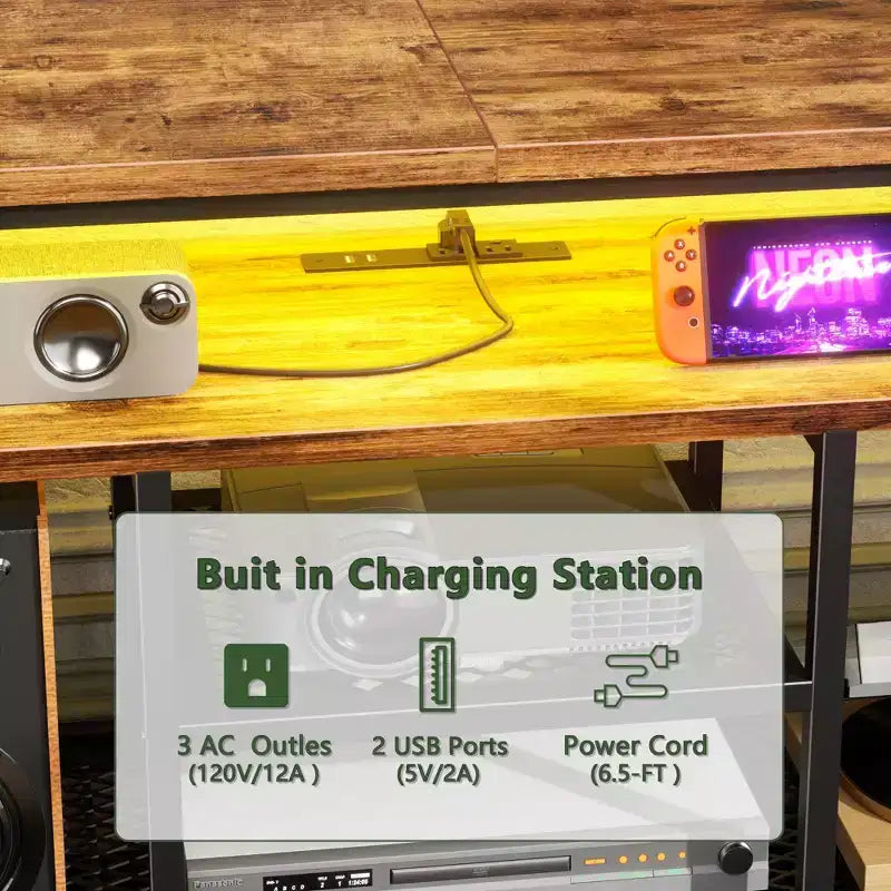 Meuble TV Qwatto 63 pouces marron avec station de charge, lumières LED, 6 tiroirs en tissu, centre de divertissement pour TV jusqu'à 70 pouces, rangement de chambre