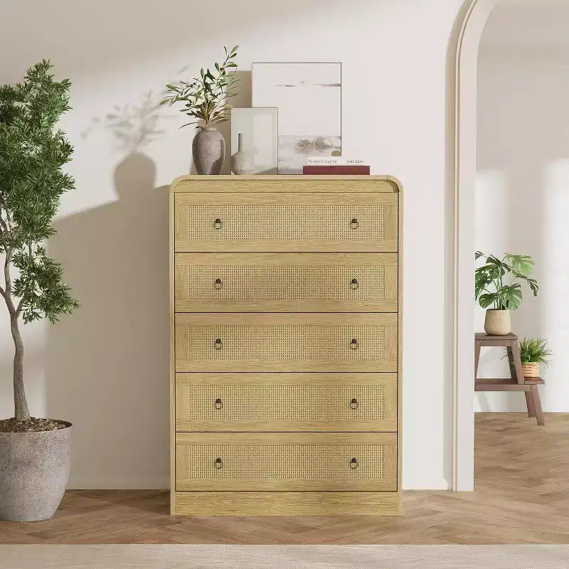 Commode haute en rotin de 79 cm, commode à 5 tiroirs pour chambre à coucher, commodes et chiffonniers, commode moderne pour chambre à coucher, salon, couloir