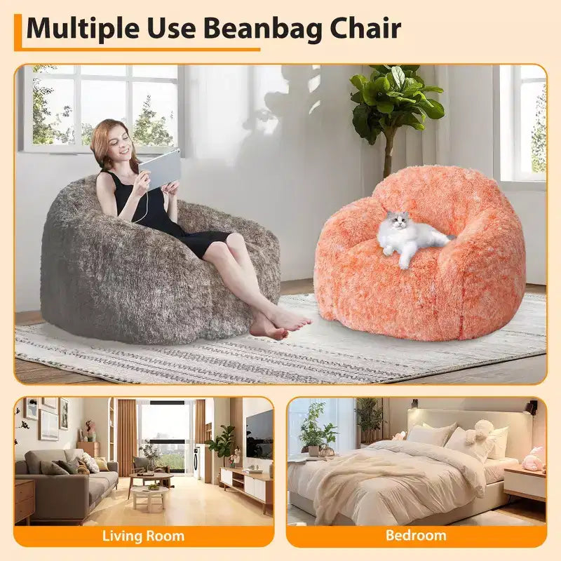 Pouf géant en fausse fourrure douce avec accoudoirs, garni de mousse, confortable pour la chambre, le salon, la lecture et les jeux