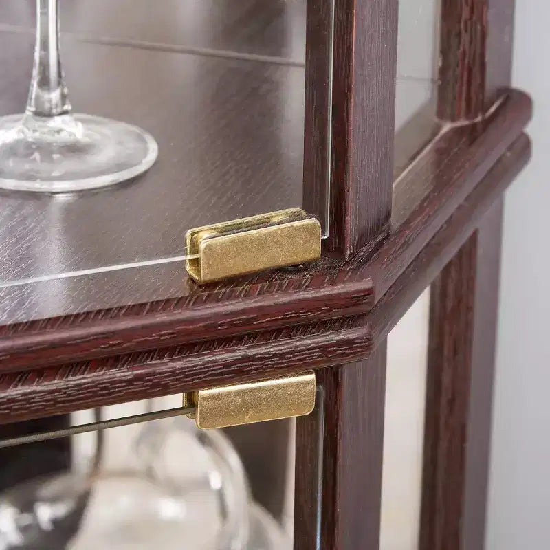 Vitrine d'angle éclairée avec étagères en verre réglables et dispositif anti-basculement pour collections d'antiquités
