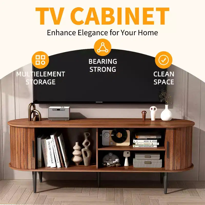 JVNOXK 55 Table de Console TV Moderne avec Compartiment de Rangement et Porte Coulissante - Meuble TV-Hifi Noyer pour Salon, Chambre, Bureau