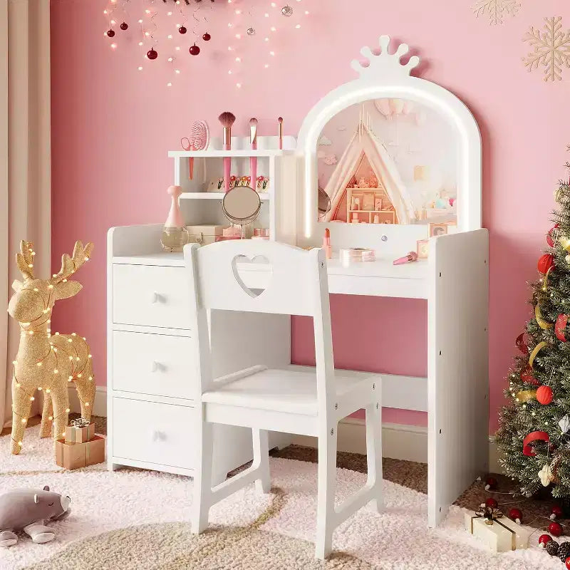 Coiffeuse avec miroir et lumières pour petites filles, ensemble de coiffeuse avec tiroirs et étagères de rangement ouvertes, table de toilette en bois pour chambre à coucher
