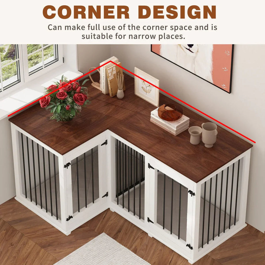 Grand meuble de caisse d'angle pour 2 chiens, cage pour chien en forme de L - 58,7X41,1