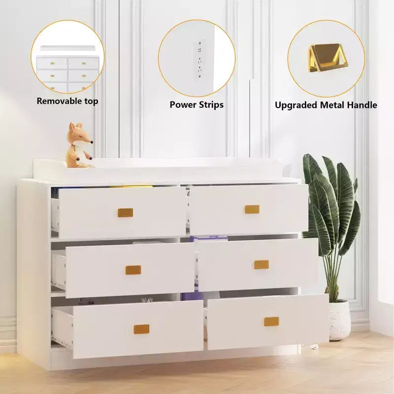 Commode de chambre d'enfant Coolmee avec plan à langer, commode bébé à 6 tiroirs avec kit anti-basculement, plateau étanche et rails de sécurité pour l'organisation du rangement