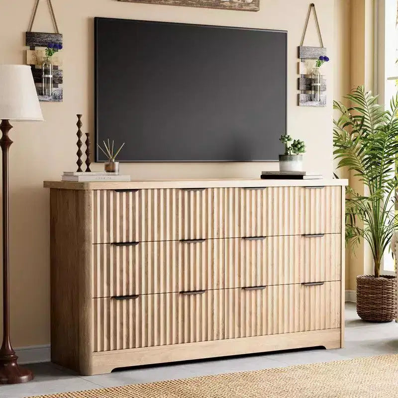 Commode 6 tiroirs cannelée, commode moderne en bois avec plateau en bois, armoire de rangement robuste pour vêtements de chambre à coucher