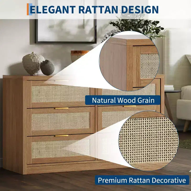 Commode à 6 tiroirs GustoWave pour chambre à coucher, commode en rotin de 133,8 cm de large, en bois avec poignées dorées, meuble TV de style ferme, table d'entrée, chiffonnier