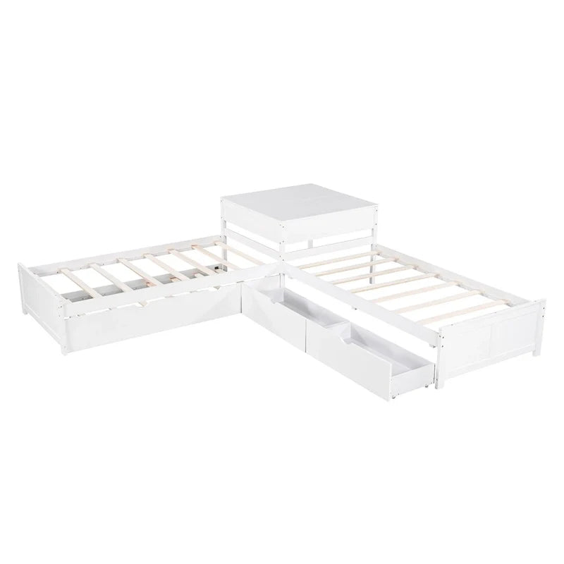Lit plateforme en L moderne blanc de taille double avec lit gigogne et tiroirs pour chambre à coucher
