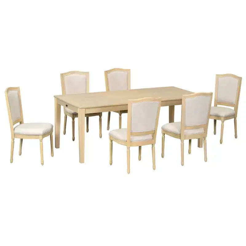 Ensemble de salle à manger rustique extensible pour 6 personnes, table à manger rectangulaire 7 pièces avec 6 chaises rembourrées, ensemble de table de cuisine avec 2 tiroirs