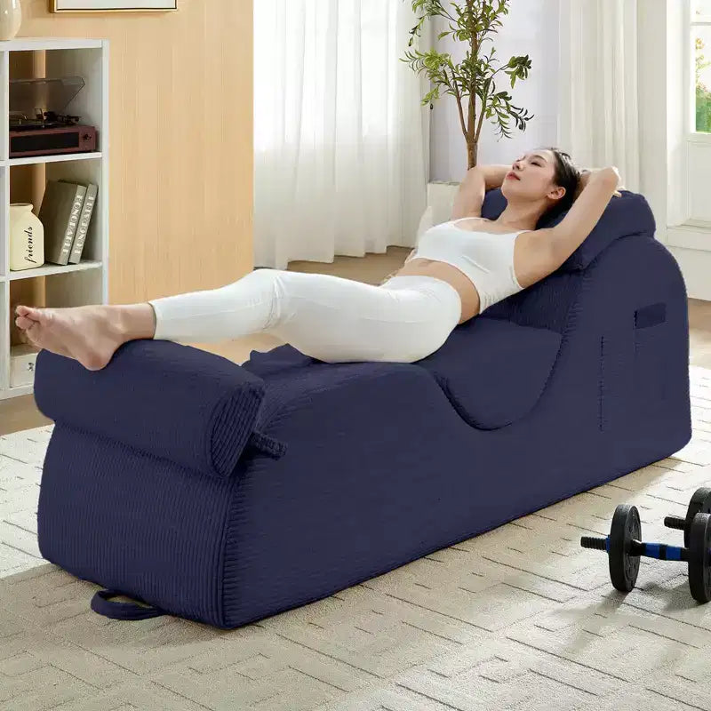 Mjkone Chaise Longue de Yoga en Velours Côtelé, Canapé de Yoga Incurvé avec Appui-Tête/Coussin Lombaire/Repose-Pieds Amovibles, Base Antidérapante