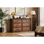 Commode de ferme à 6 tiroirs, commode rustique en bois avec poignées en métal, grande commode de rangement pour meuble TV pour salon, chambre d'enfant, chambre à coucher