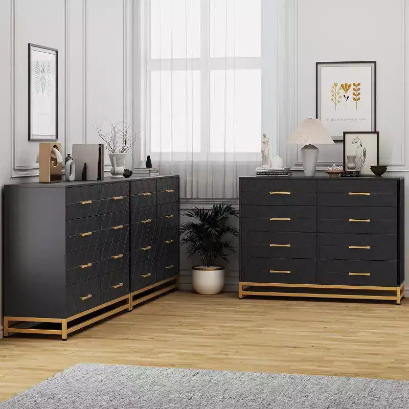 Commode de chambre avec 8 tiroirs, commode de meuble TV, grande commode en bois pour le rangement et l'organisation.