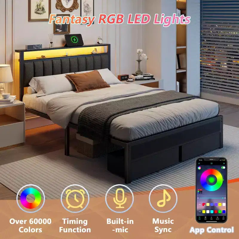 Cadre de lit Queen avec station de recharge, lumières LED, 2 tiroirs de rangement, tête de lit rembourrée grise, support métallique, pas besoin de sommier tapissier
