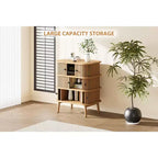 Meuble de rangement, commode à 3 tiroirs Mid-Century Modern avec porte coulissante, osier naturel et pieds en bois pour chambre à coucher ou salon
