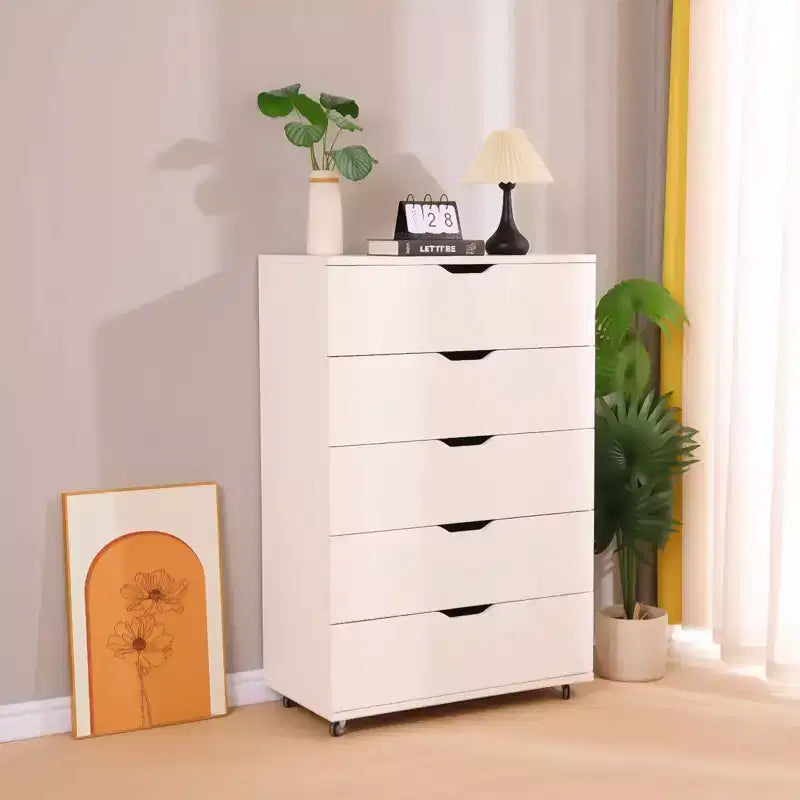 JVNOXK Meuble à cinq tiroirs de 76 cm avec 4 roulettes, meuble de rangement moderne avec poignées découpées, tiroirs à glissement fluide, blanc
