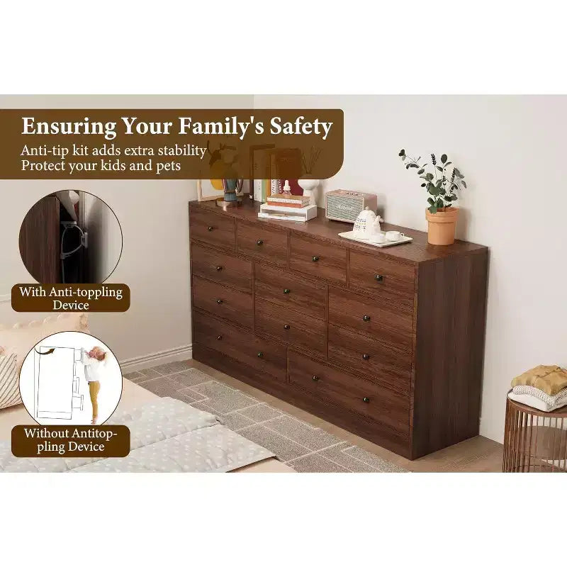 Acekool Commode 12 Tiroirs avec Prises de Courant, Meuble de Rangement en Bois pour Chambre, Salon, Couloir, 155 cm