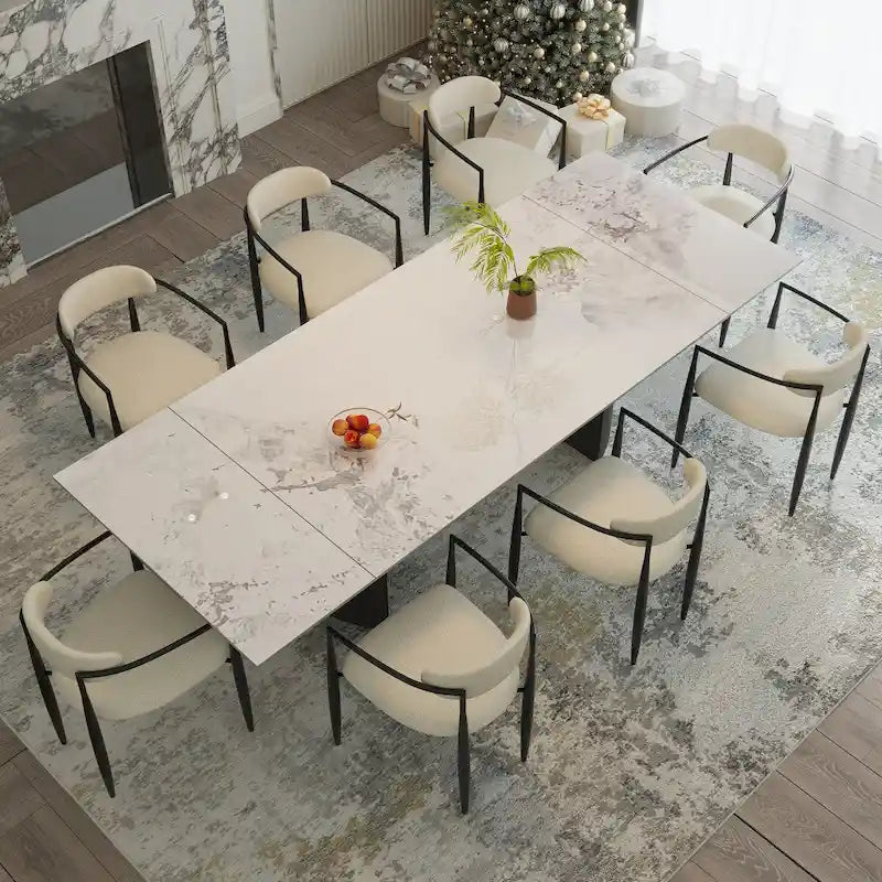 Ensemble de salle à manger extensible moderne et minimaliste 9 pièces 94.48 avec plateau en pierre frittée et double piédestal, avec 8 chaises en tissu