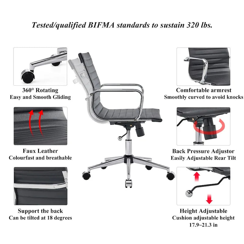 Chaise de bureau à dossier cannelé LUXMOD pour ordinateur et télétravail