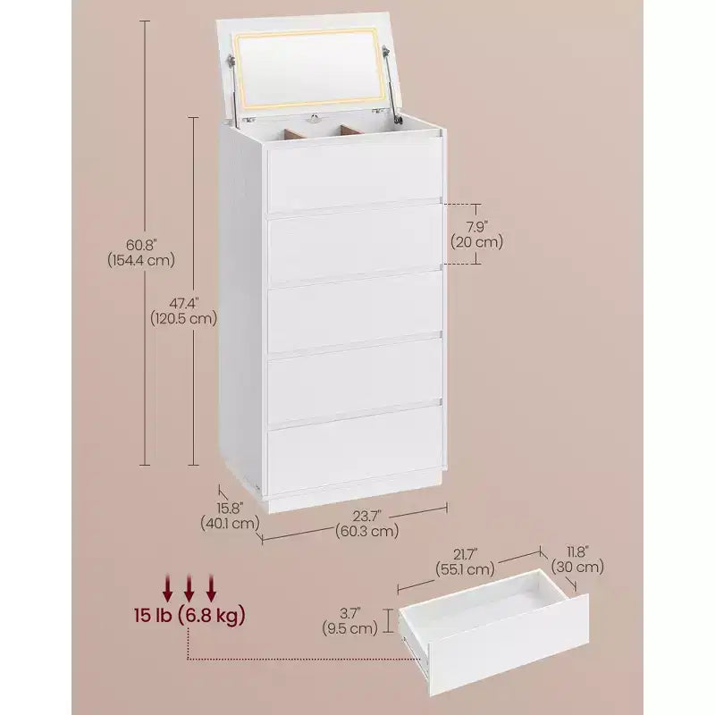 Commode 5 tiroirs avec miroir de courtoisie et lumières réglables tactiles, commode moderne pour chambre, meuble de rangement robuste, blanc neige