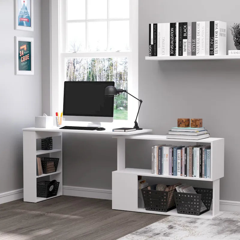 Bureau d'angle en L rotatif à 360° HOMCOM : Blanc, avec étagères de rangement
