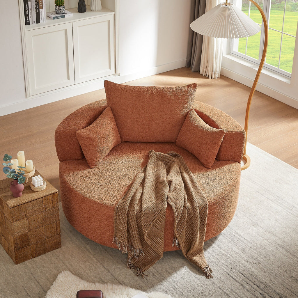 Fauteuil baril accent en chenille, Fauteuil de salon, Fauteuil rond avec base pivotante à 360 degrés et 3 coussins amovibles
