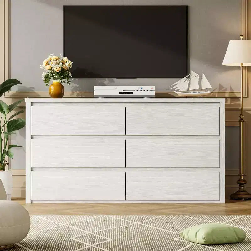 Commode large en bois à 6 tiroirs - Meuble de rangement moderne sans poignée pour chambre, salon, couloir et entrée, grande commode.