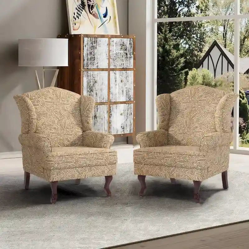 2 fauteuils d'appoint à dossier haut traditionnels, revêtus de tissu