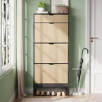Meuble à chaussures GustoWave avec 3 portes basculantes et 1 tiroir, Étagère à chaussures en bois avec pieds en fer, Meuble de rangement à chaussures étroit, Organisateur de chaussures moderne avec cannelures