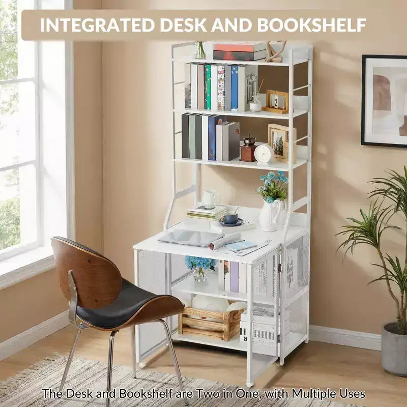 Bureau étagère 2-en-1, Bureau d'ordinateur à cadre métallique et panneaux de particules avec étagères de rangement, Table de bureau à domicile compacte, Bureau d'écriture robuste